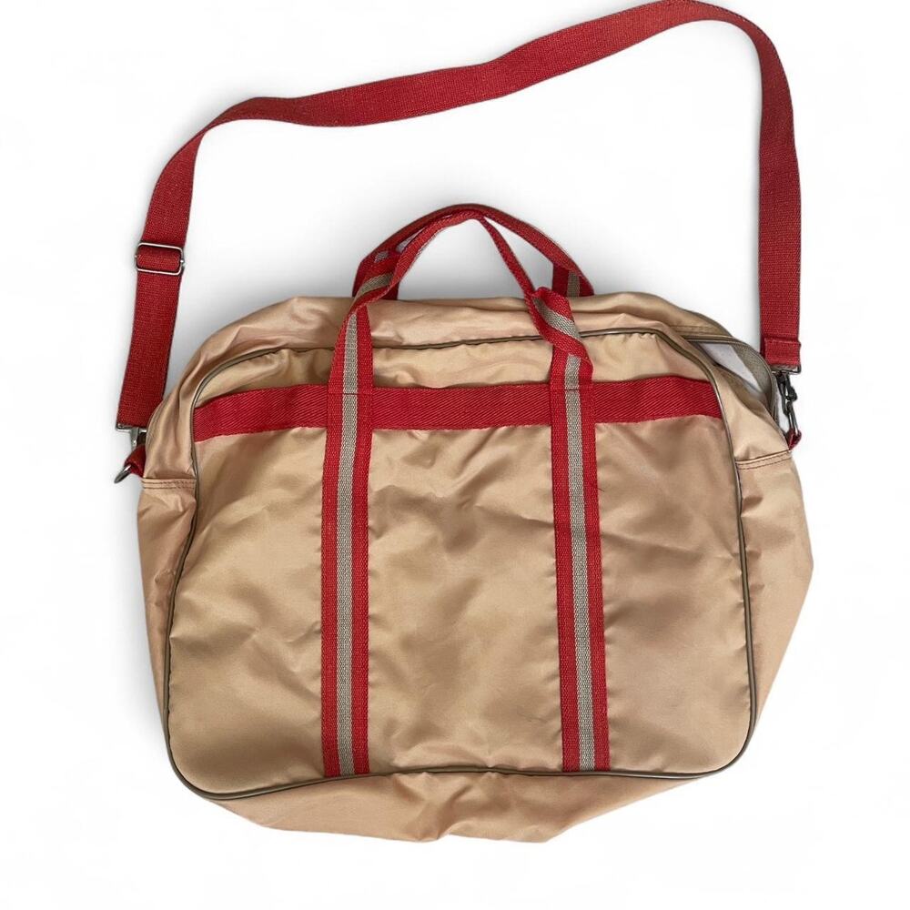 Tan and red vintage Weekender travel bag Crossbody And Hand Straps
